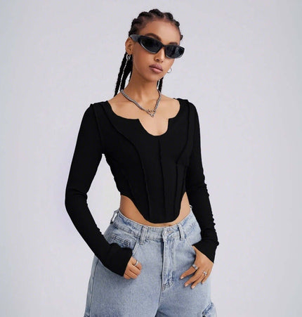 Casual UNeck Crop TShirt – Slim Fit showcasing a stylish U-neckline and cropped design, perfect for modern streetwear fashion.