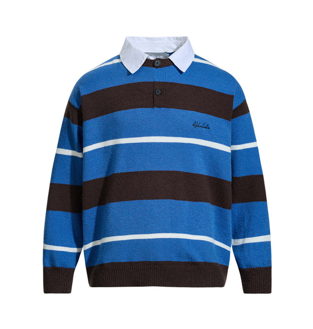 Casual Two-Piece Knitwear with Collar featuring blue and brown stripes, flip collar, and pullover design.