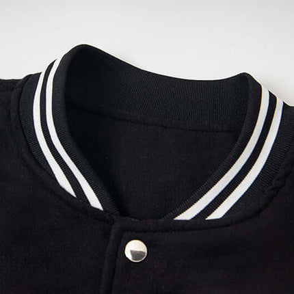 Cat Embroidered Baseball Jacket - Loose Fit collar detail with striped trim