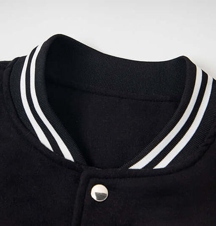 Cat Embroidered Baseball Jacket - Loose Fit collar detail with striped trim