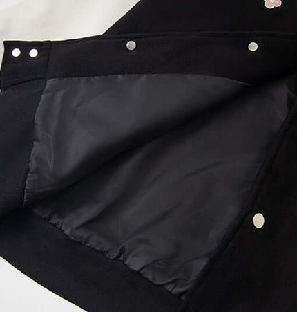 Cat Embroidered Baseball Jacket - Loose Fit showcasing the inner lining and buttons for added style.