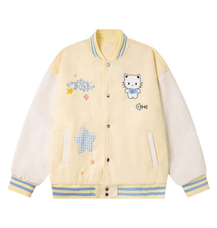 Cat Embroidered Baseball Jacket - Loose Fit featuring cute cartoon cat design and colorful embroidery details.