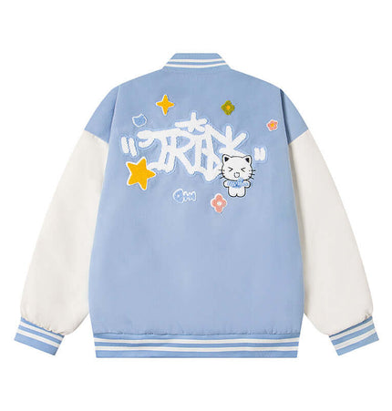 Cat Embroidered Baseball Jacket - Loose Fit with cute cartoon cat and colorful embroidery details.