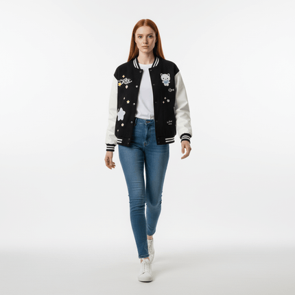 Cat Embroidered Baseball Jacket - Loose Fit worn by a model, showcasing cute cat embroidery and casual style.