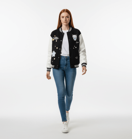 Cat Embroidered Baseball Jacket - Loose Fit worn by a model, showcasing cute cat embroidery and casual style.