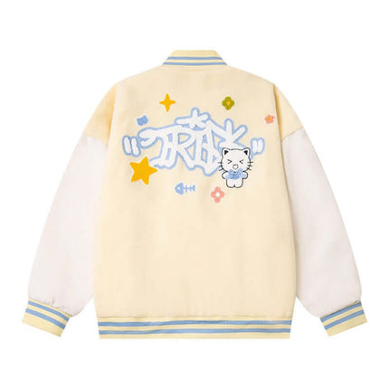 Cat Embroidered Baseball Jacket - Loose Fit featuring cute cat embroidery and colorful design on a casual yellow jacket.