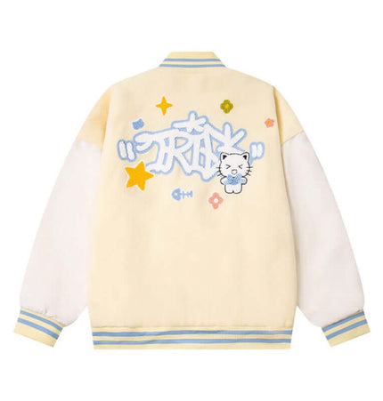 Cat Embroidered Baseball Jacket - Loose Fit featuring cute cat embroidery and colorful design on a casual yellow jacket.