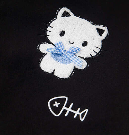 Cat Embroidered Baseball Jacket - Loose Fit featuring a cute cartoon cat with a blue bow on dark fabric.