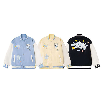 Cat Embroidered Baseball Jacket - Loose Fit in blue, yellow, and black with cute cat designs.