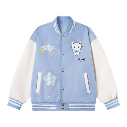 Cat Embroidered Baseball Jacket - Loose Fit in blue with playful cartoon cat embroidery and colorful patches.