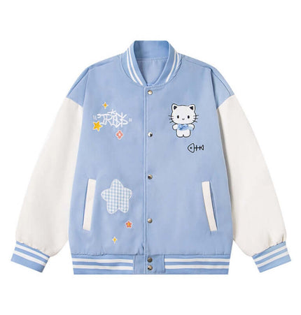 Cat Embroidered Baseball Jacket - Loose Fit in blue with playful cartoon cat embroidery and colorful patches.