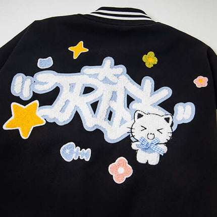 Cat Embroidered Baseball Jacket - Loose Fit featuring playful cat and colorful designs.