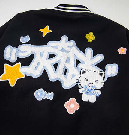 Cat Embroidered Baseball Jacket - Loose Fit featuring playful cat and colorful designs.