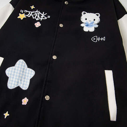 Cat Embroidered Baseball Jacket - Loose Fit featuring cartoon cat and playful embroidered details.