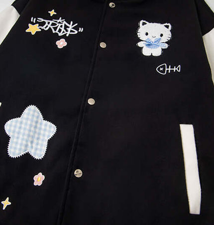 Cat Embroidered Baseball Jacket - Loose Fit featuring cartoon cat and playful embroidered details.