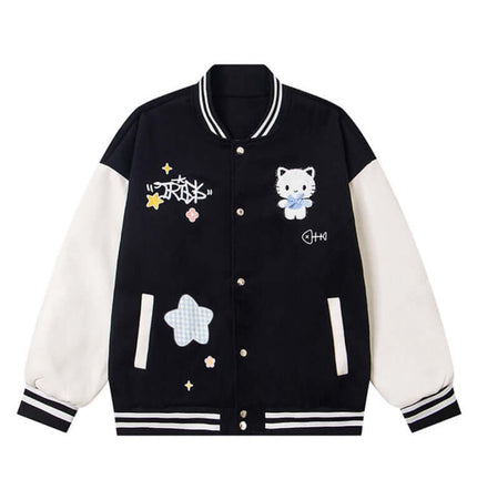 Cat Embroidered Baseball Jacket - Loose Fit with cute cat and star embroidery on a black and white design.