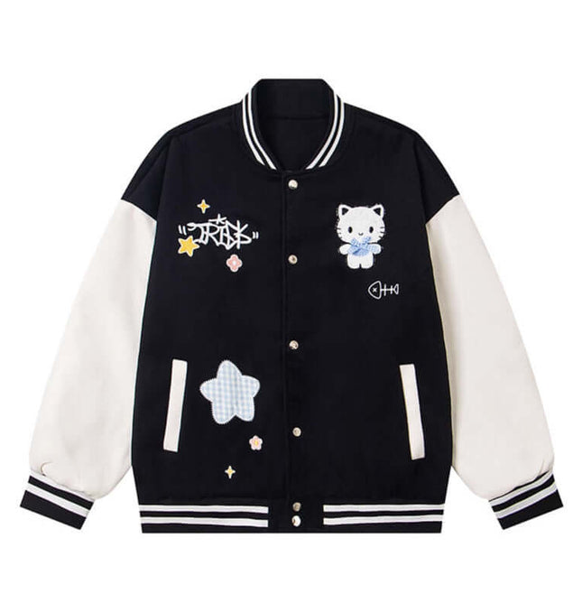 Cat Embroidered Baseball Jacket - Loose Fit with cute cat and star embroidery on a black and white design.