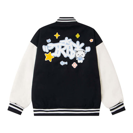 Cat Embroidered Baseball Jacket - Loose Fit featuring playful cartoon cat embroidery on the back.