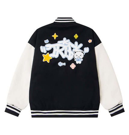 Cat Embroidered Baseball Jacket - Loose Fit featuring playful cartoon cat embroidery on the back.