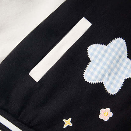 Cat Embroidered Baseball Jacket - Loose Fit featuring cute star patches and playful designs on a trendy black background.