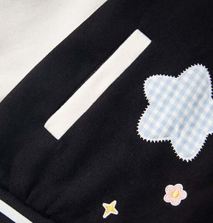 Cat Embroidered Baseball Jacket - Loose Fit featuring cute star patches and playful designs on a trendy black background.