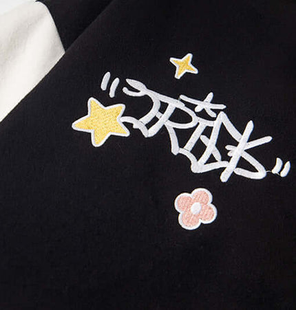 Cat Embroidered Baseball Jacket - Loose Fit featuring playful cartoon embroidery and trendy design.