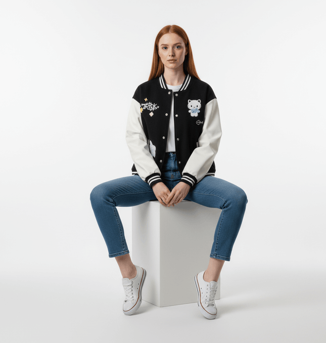 Cat Embroidered Baseball Jacket - Loose Fit worn by model, showcasing trendy Korean-style outerwear fashion.