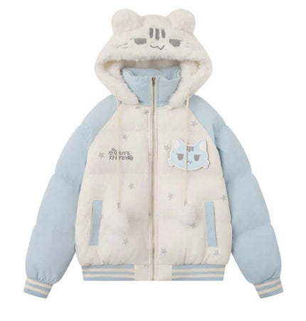 Cat-Themed Hooded Jacket - Loose Fit featuring a cute design and thick warm cotton for winter wear.