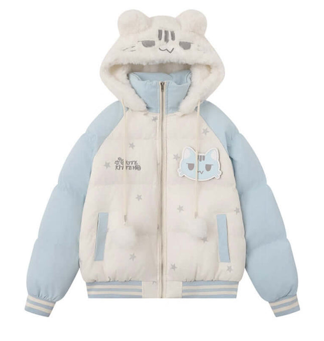 Cat-Themed Hooded Jacket - Loose Fit featuring a cute design and thick warm cotton for winter wear.