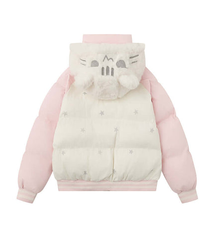Cat-Themed Hooded Jacket - Loose Fit, pink and white puffer jacket with cat hood and star patterns on the body.