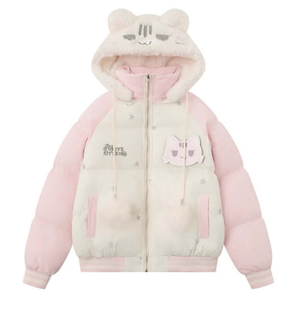 Cat-Themed Hooded Jacket - Loose Fit featuring a cute cat design and cozy pink color.