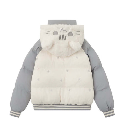 Back view of a Cat-Themed Hooded Jacket - Loose Fit with cat design and geometric pattern.