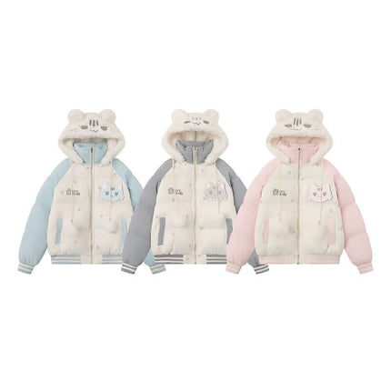 Cat-Themed Hooded Jacket - Loose Fit in blue, gray, and pink with bear ears design.