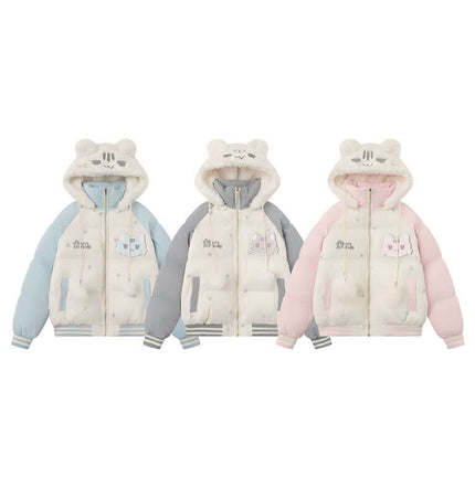 Cat-Themed Hooded Jacket - Loose Fit in blue, gray, and pink with bear ears design.