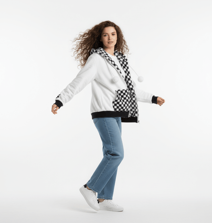 Checkered Fleece Hoodie with Rabbit Ears worn by a woman, featuring a playful design and cozy fit.