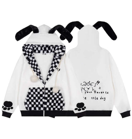 Checkered Fleece Hoodie with Rabbit Ears, stylish women's outerwear with playful rabbit ears and cozy fleece.
