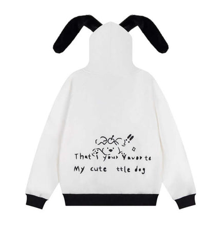 Checkered Fleece Hoodie with Rabbit Ears featuring playful rabbit ear details and cute dog graphic design.