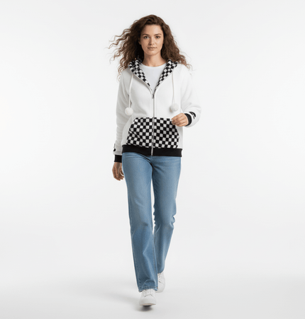 Checkered Fleece Hoodie with Rabbit Ears model wearing casual outfit, showcasing playful design and cozy silhouette.
