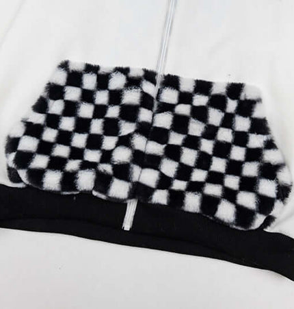 Checkered Fleece Hoodie with Rabbit Ears close-up of checkered patch pocket detailing