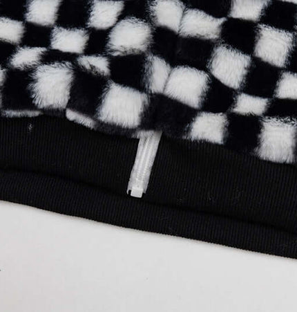 Checkered Fleece Hoodie with Rabbit Ears black and white checkered design close-up of the fabric and zipper detail