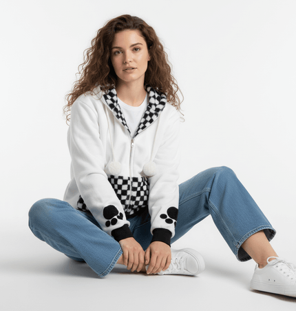 Checkered Fleece Hoodie with Rabbit Ears, featuring playful rabbit ear hood and a cozy design for women.