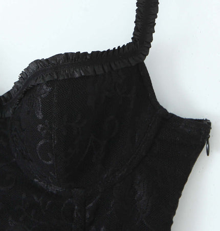 Cinched Lace Fishbone Tank Top featuring detailed lace fabric and elegant ruffles on the straps.