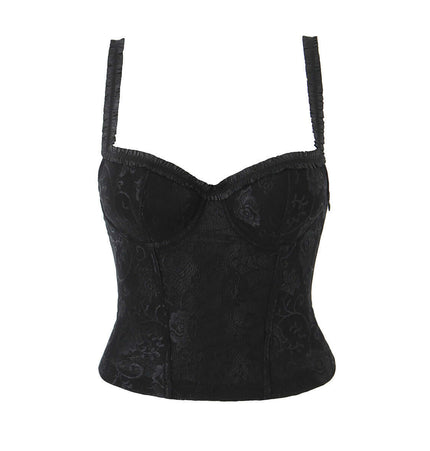 Cinched Lace Fishbone Tank Top with a sculpted silhouette and lace detailing in black