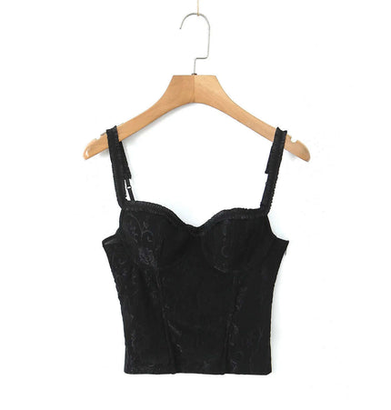 Cinched Lace Fishbone Tank Top displayed on a wooden hanger against a white background.