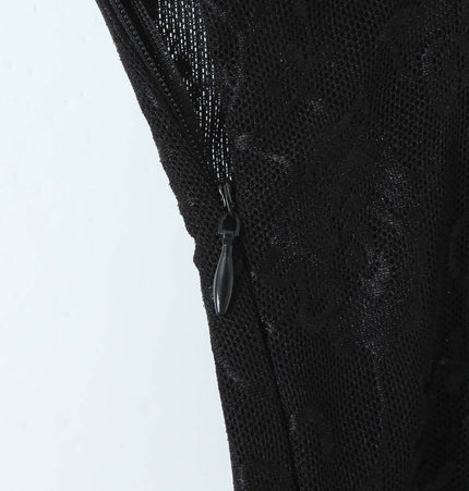 Detail of the Cinched Lace Fishbone Tank Top showcasing zipper and lace fabric texture.