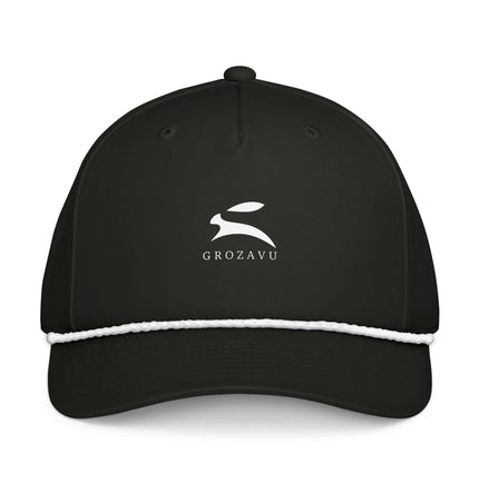 Classic rope cap featuring a black design with braided rope detail and Grozavu logo.