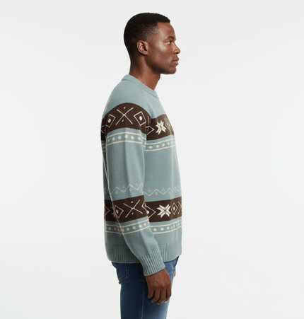 Color-Block Fair Isle Sweater - Loose Fit displayed on model, showcasing side view and knit pattern design.