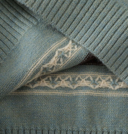 Color-Block Fair Isle Sweater - Loose Fit showcasing intricate knit patterns and soft textures in blue tones.