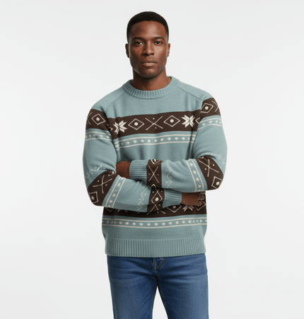 Color-Block Fair Isle Sweater - Loose Fit worn by a model, showcasing its classic knitwear charm and loose fit design.