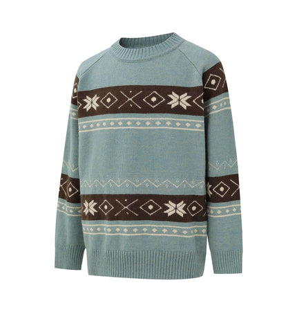 Color-Block Fair Isle Sweater - Loose Fit in blue and brown with patterned design, perfect for casual wear.